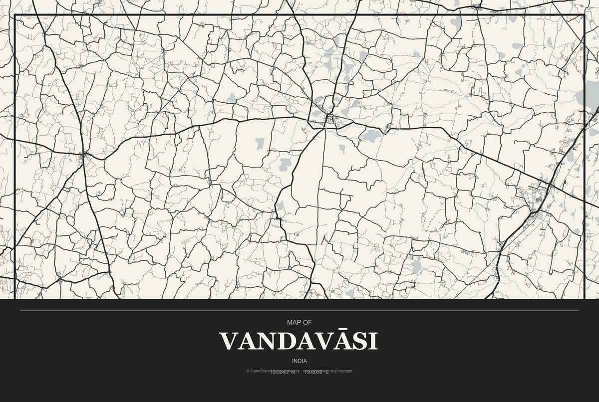 Vandavāsi, India City Map Aluminum Sign in Museum Plaque style