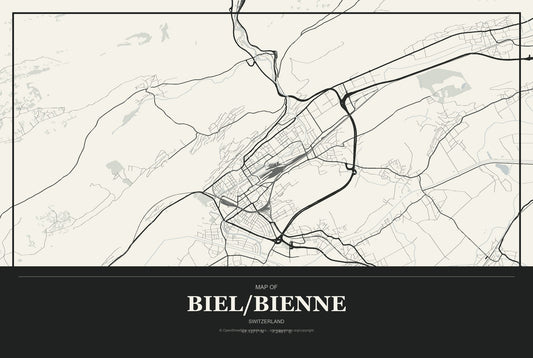 Biel/Bienne, Switzerland City Map Aluminum Sign in Museum Plaque style