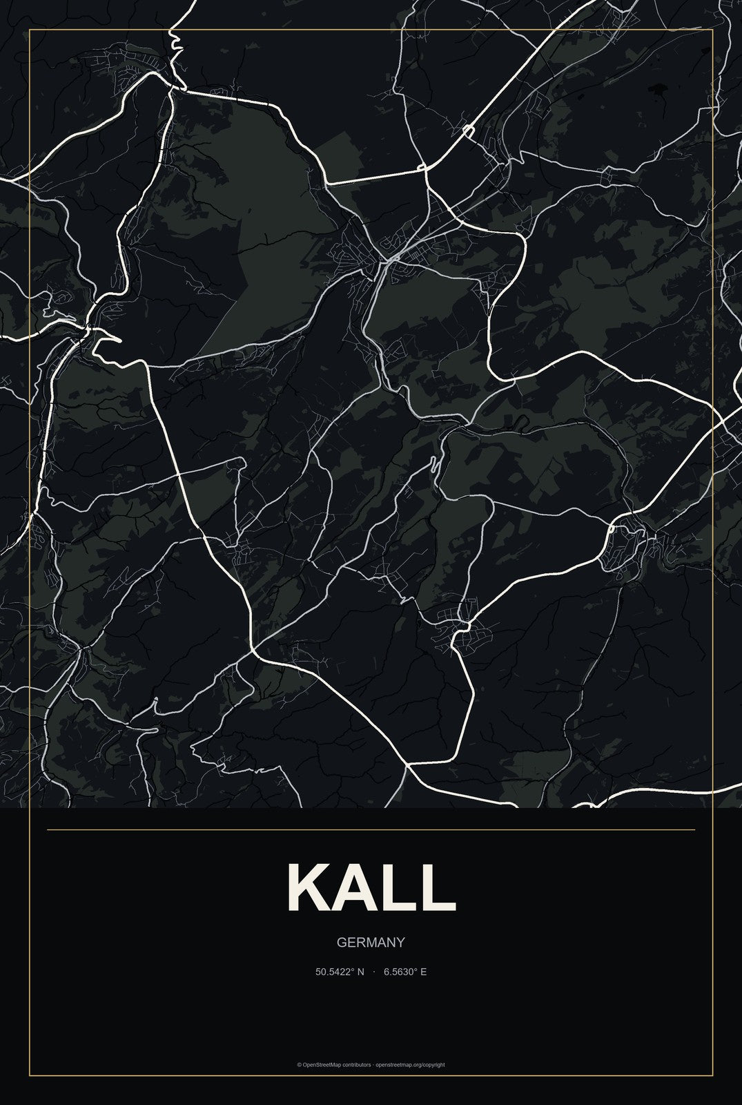 Kall, Germany City Map Aluminum Sign in Metropolitan Noir style