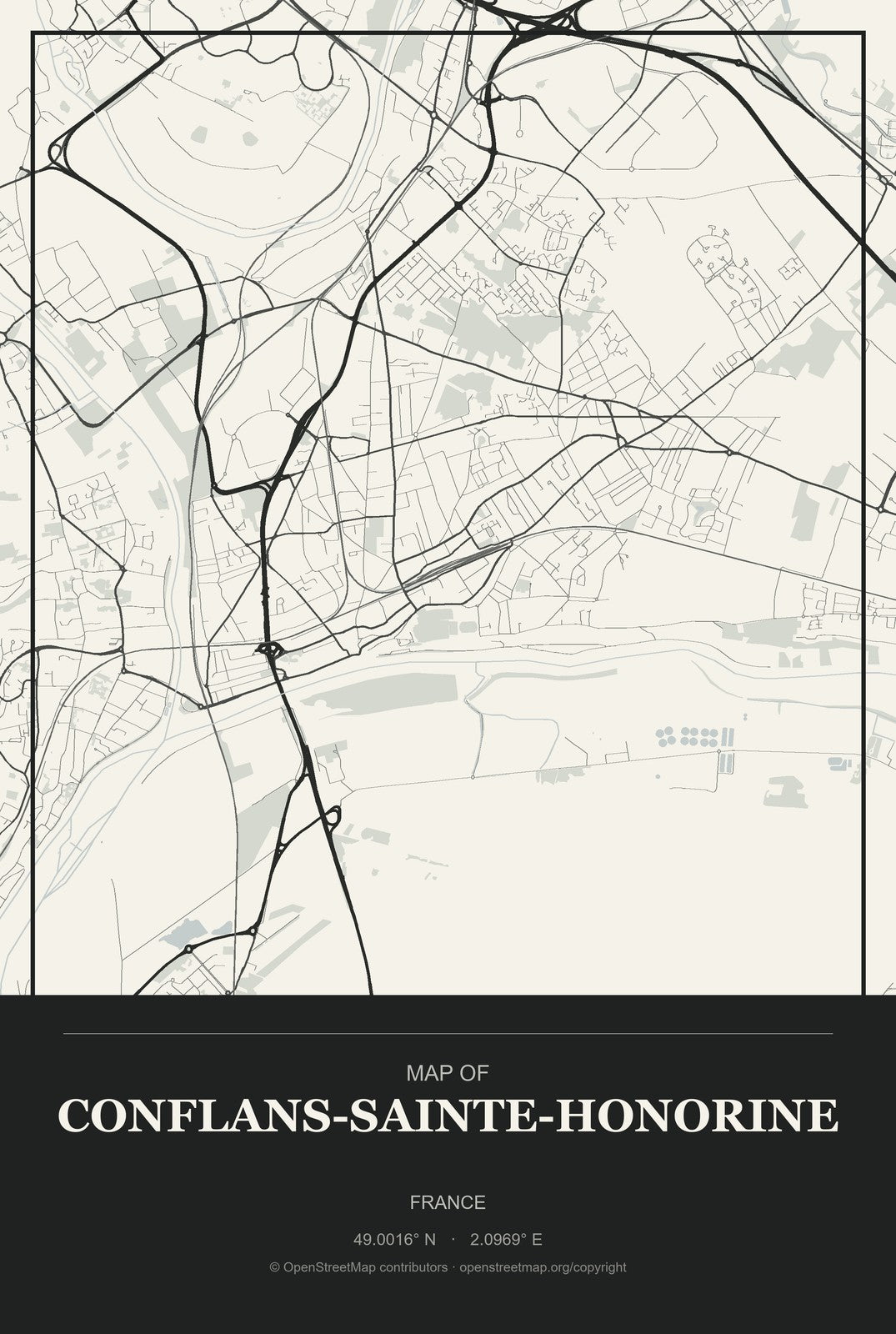 Conflans-Sainte-Honorine, France City Map Aluminum Sign in Museum Plaque style