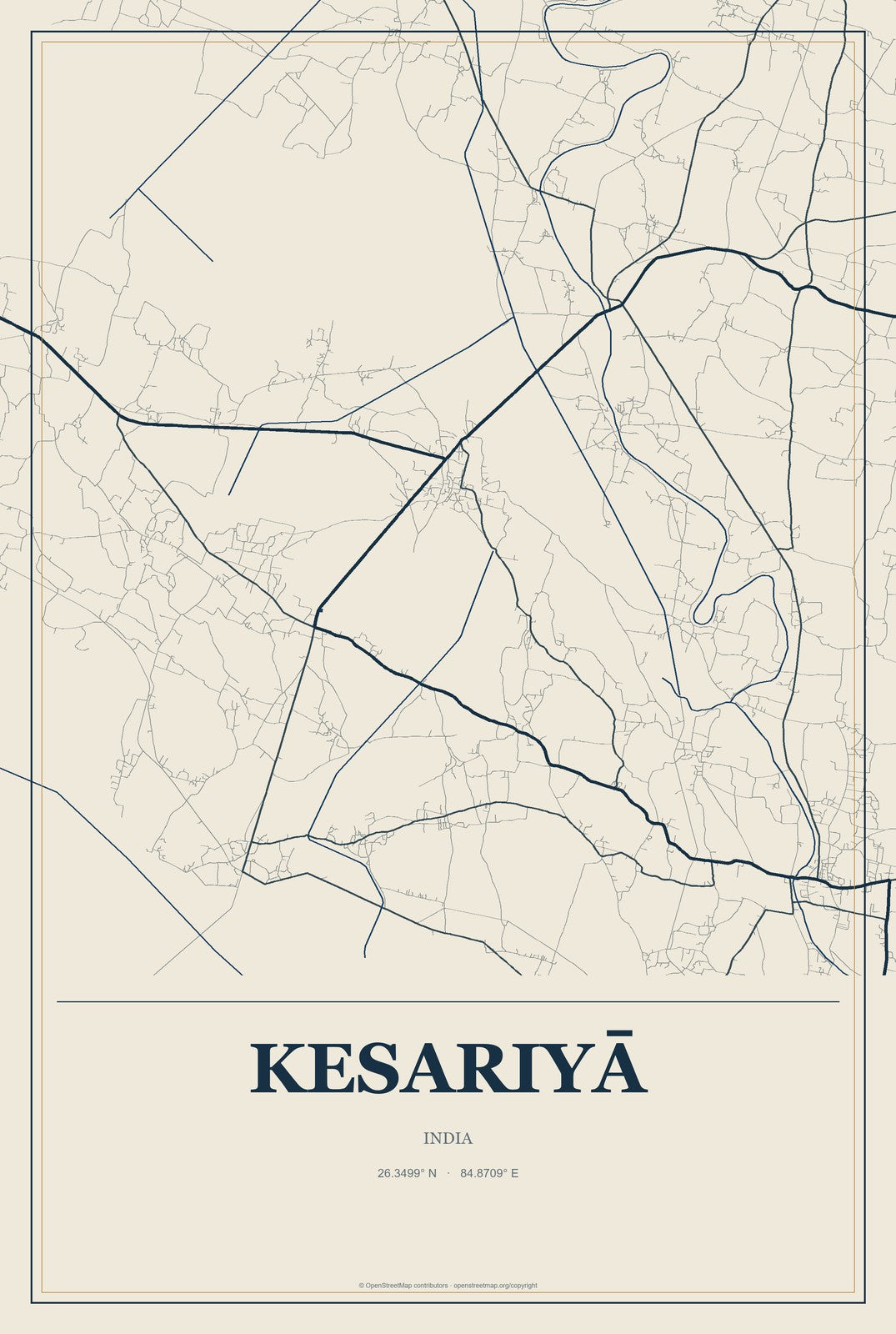 Kesariyā, India City Map Aluminum Sign in Coastal Cutout style