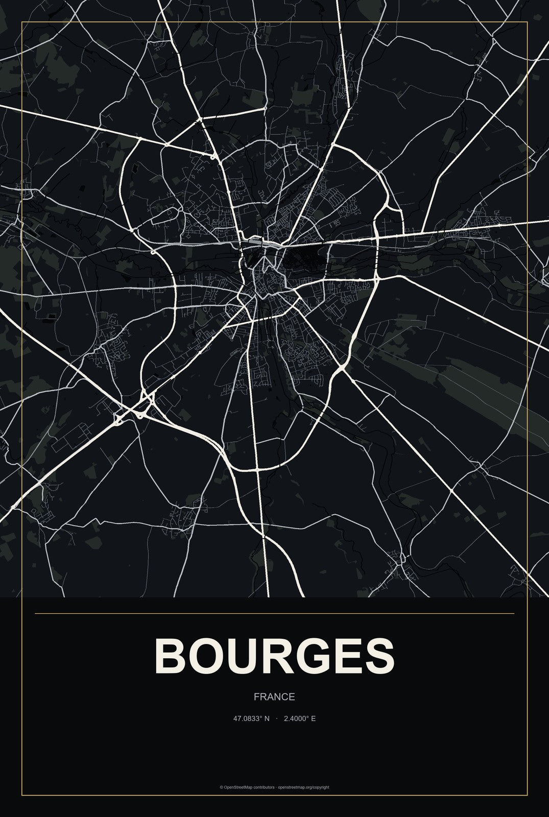 Bourges, France City Map Aluminum Sign in Metropolitan Noir style