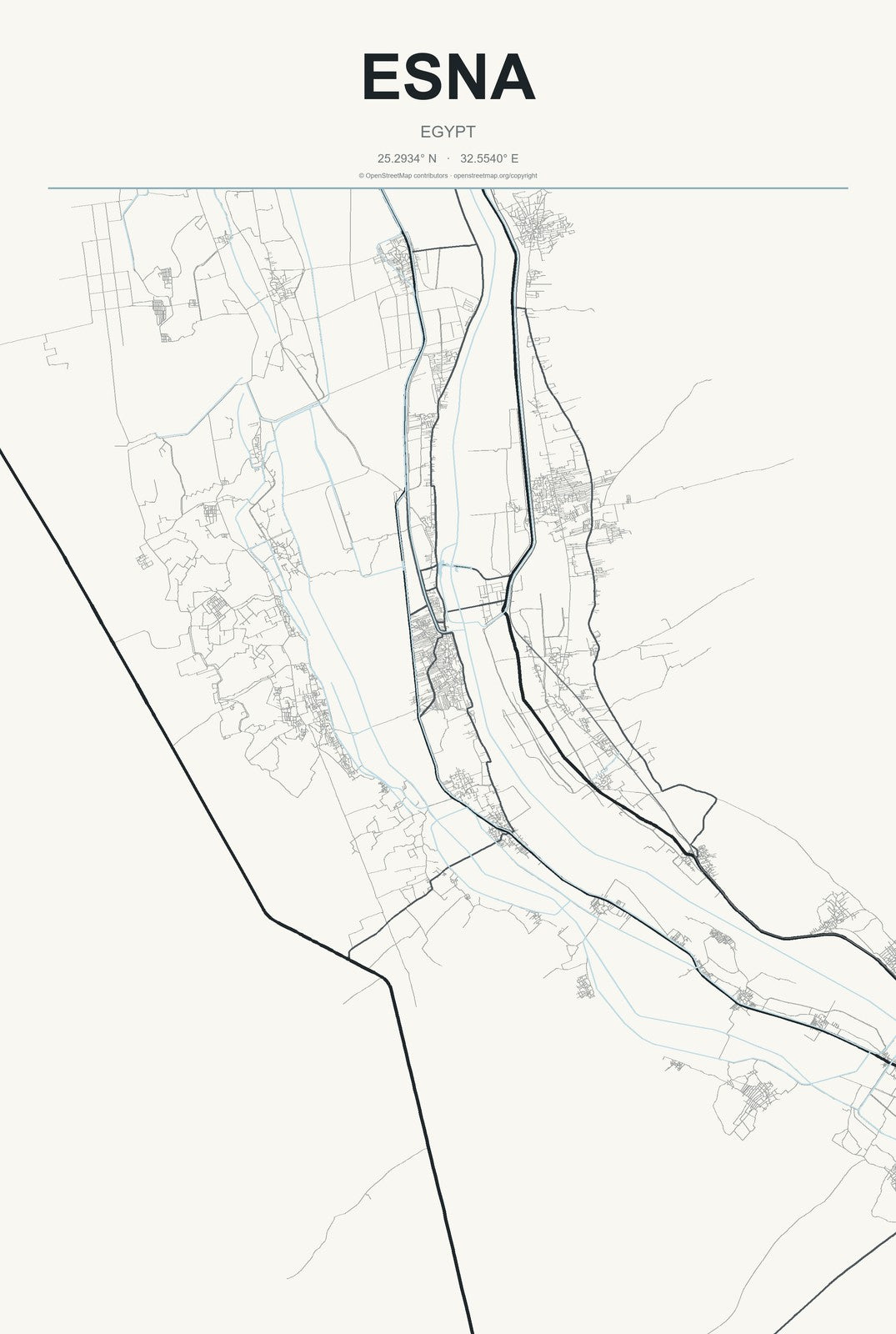 Esna, Egypt City Map Aluminum Sign in Headline Atlas style