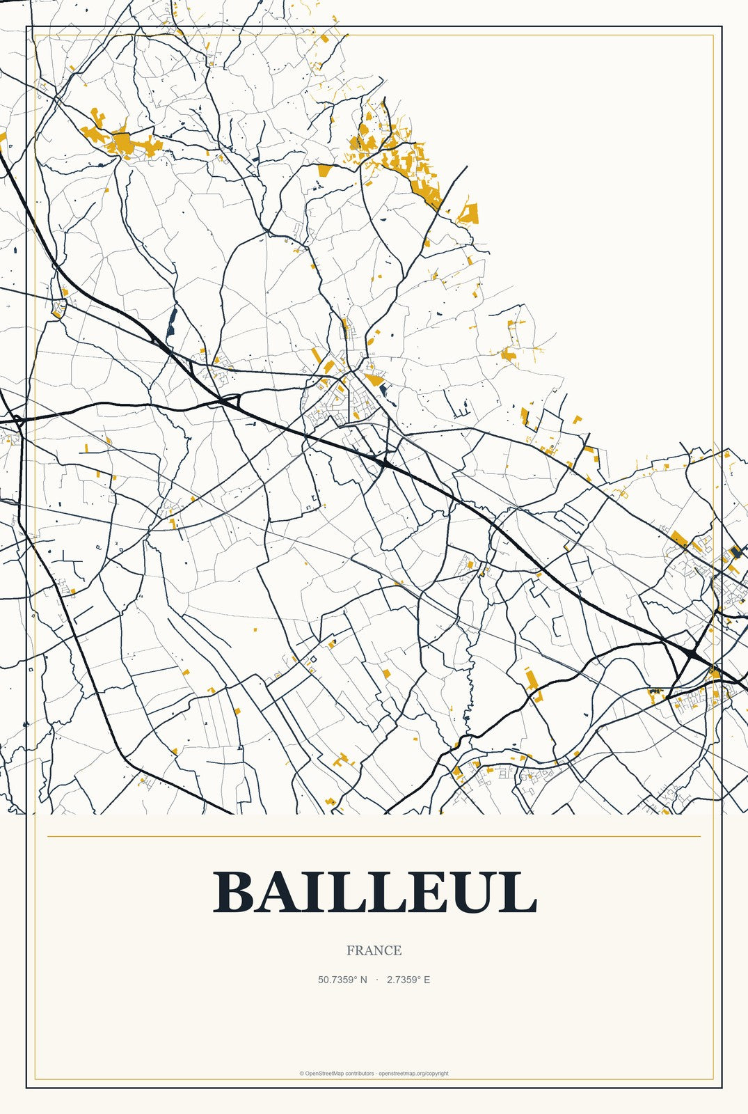 Bailleul, France City Map Aluminum Sign in Citrine Modern style