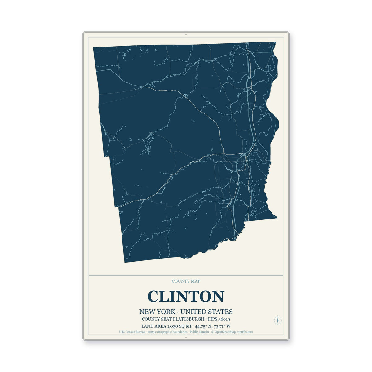 Clinton County, New York Map Aluminum Sign in Coastal Cutout style