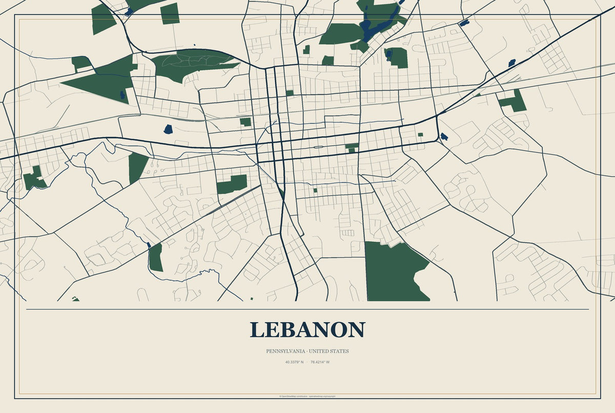 Lebanon, Pennsylvania City Map Aluminum Sign in Coastal Cutout style