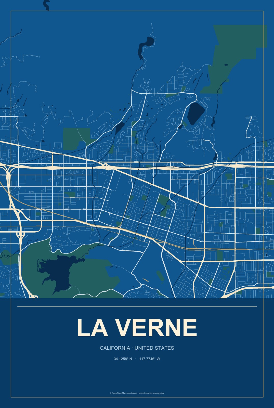 La Verne, California City Map Aluminum Sign in Harbor Cobalt style