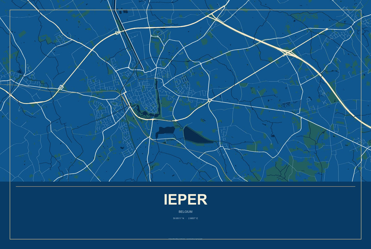 Ieper, Belgium City Map Aluminum Sign in Harbor Cobalt style