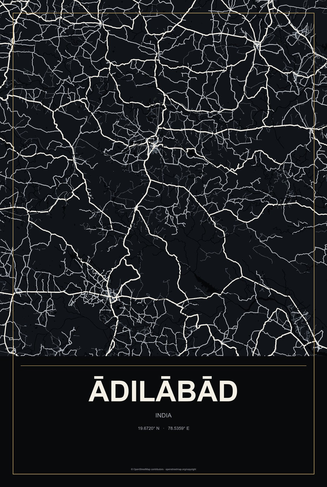 Ādilābād, India City Map Aluminum Sign in Metropolitan Noir style
