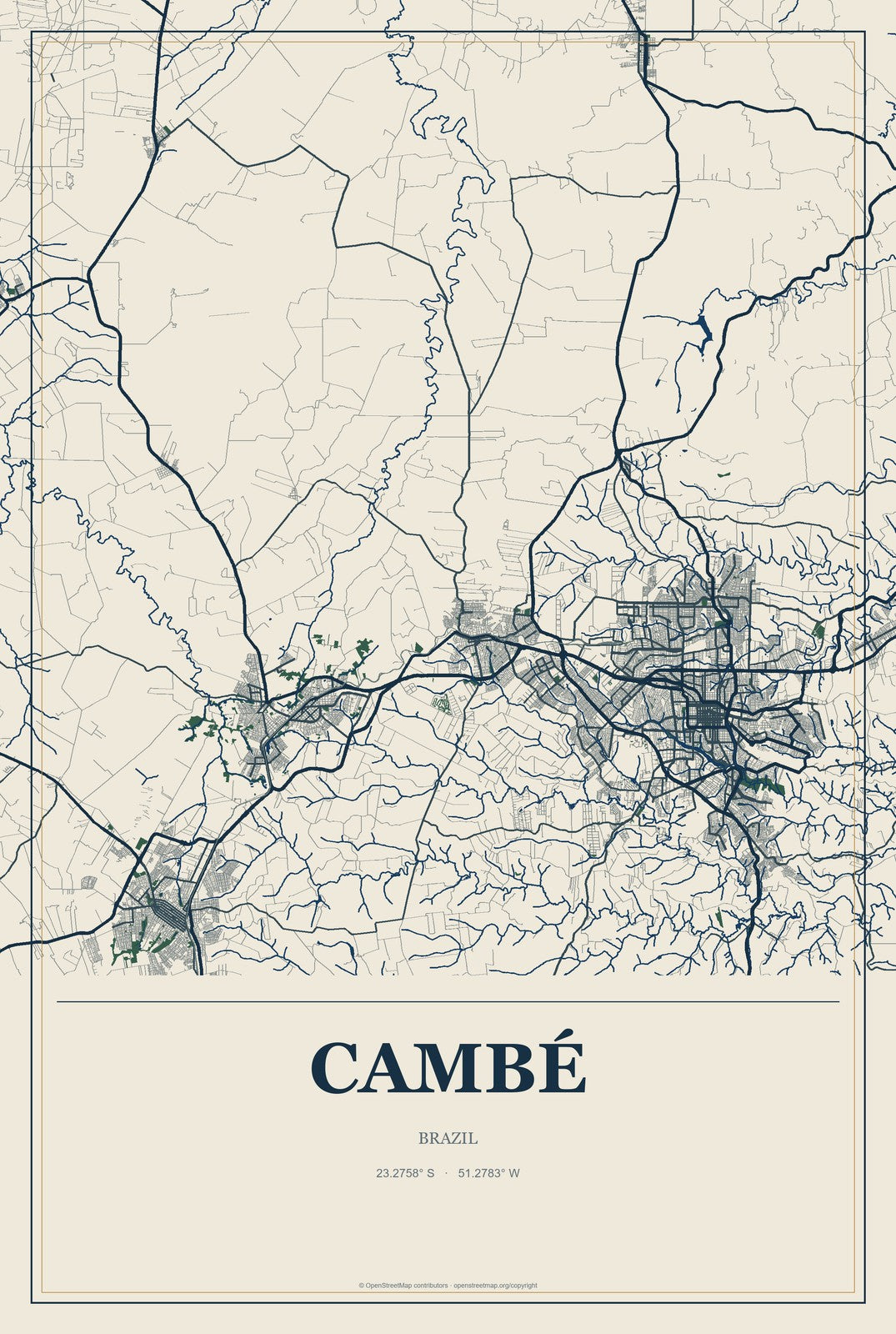 Cambé, Brazil City Map Aluminum Sign in Coastal Cutout style