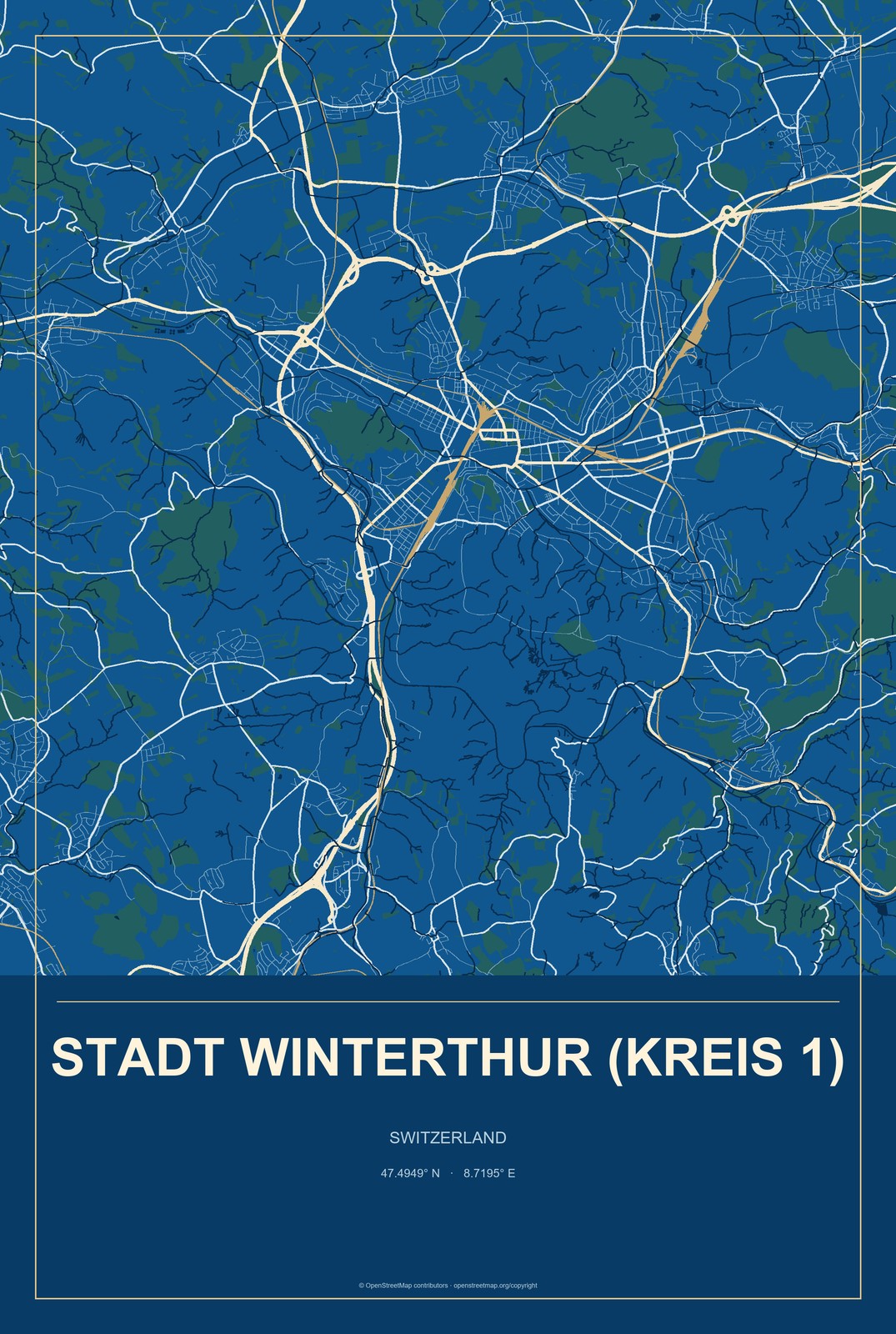 Stadt Winterthur (Kreis 1), Switzerland City Map Aluminum Sign in Harbor Cobalt style