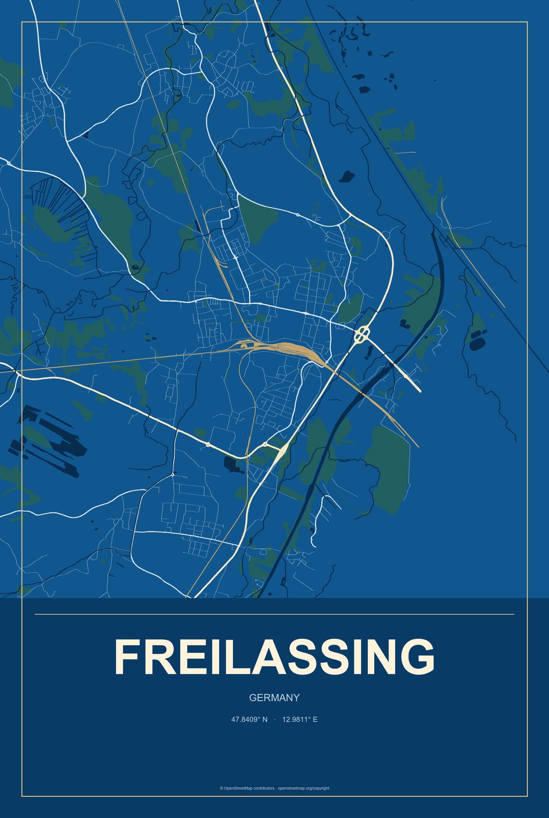 Freilassing, Germany City Map Aluminum Sign in Harbor Cobalt style