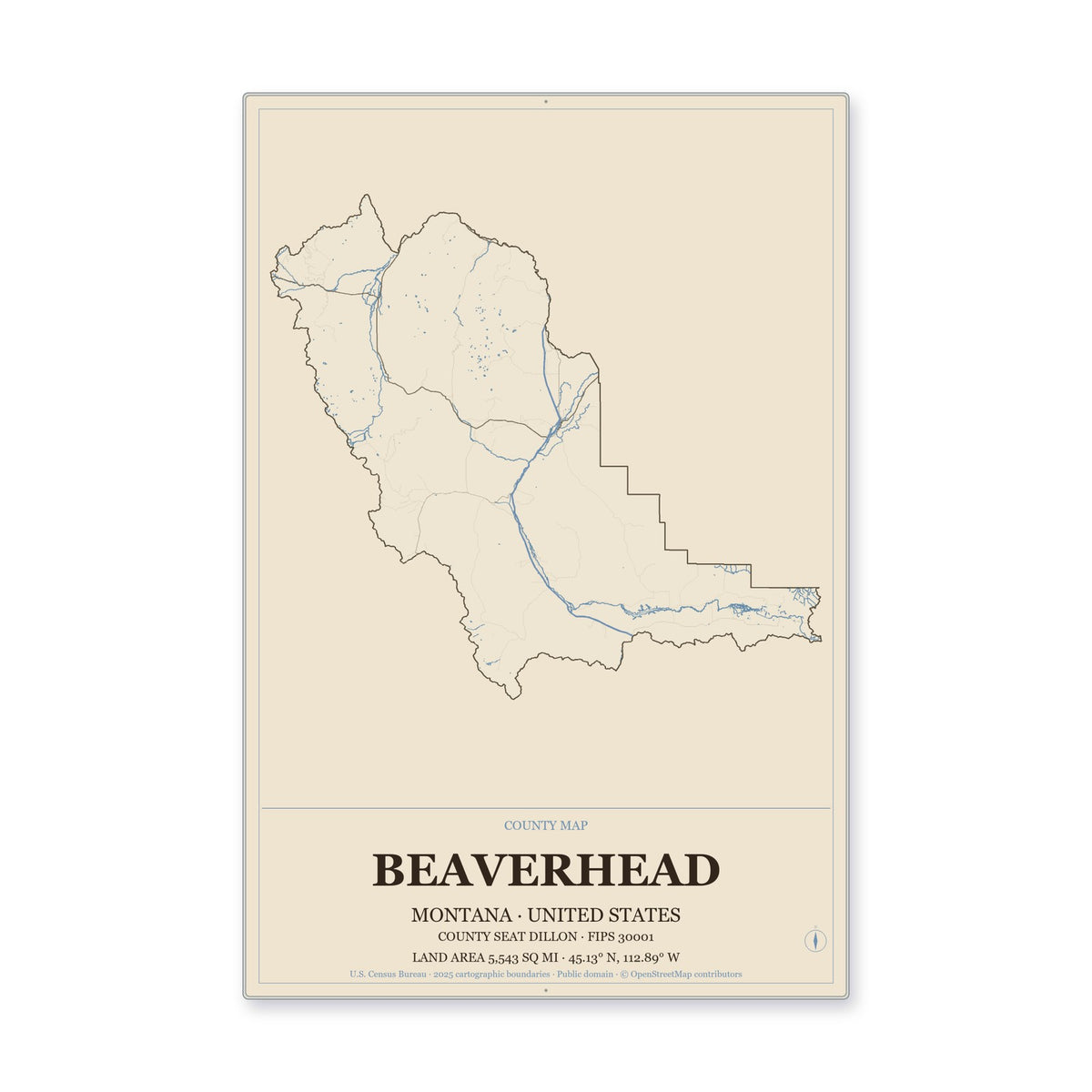 Beaverhead County, Montana Map Aluminum Sign in Heritage Nautical style