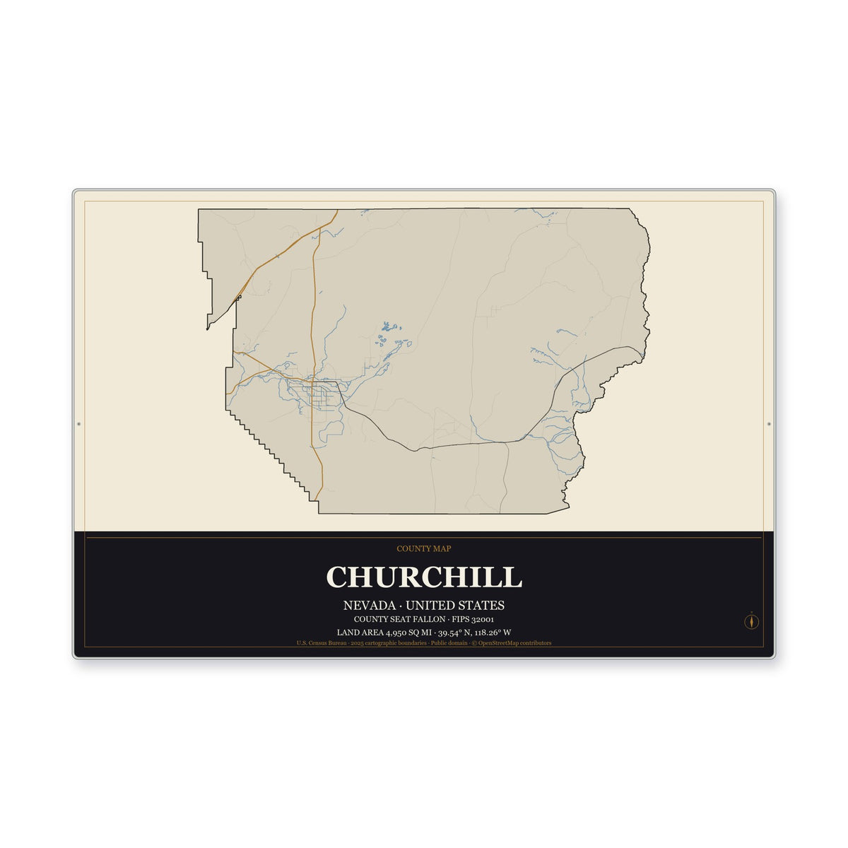Churchill County, Nevada Map Aluminum Sign in Museum Plaque style