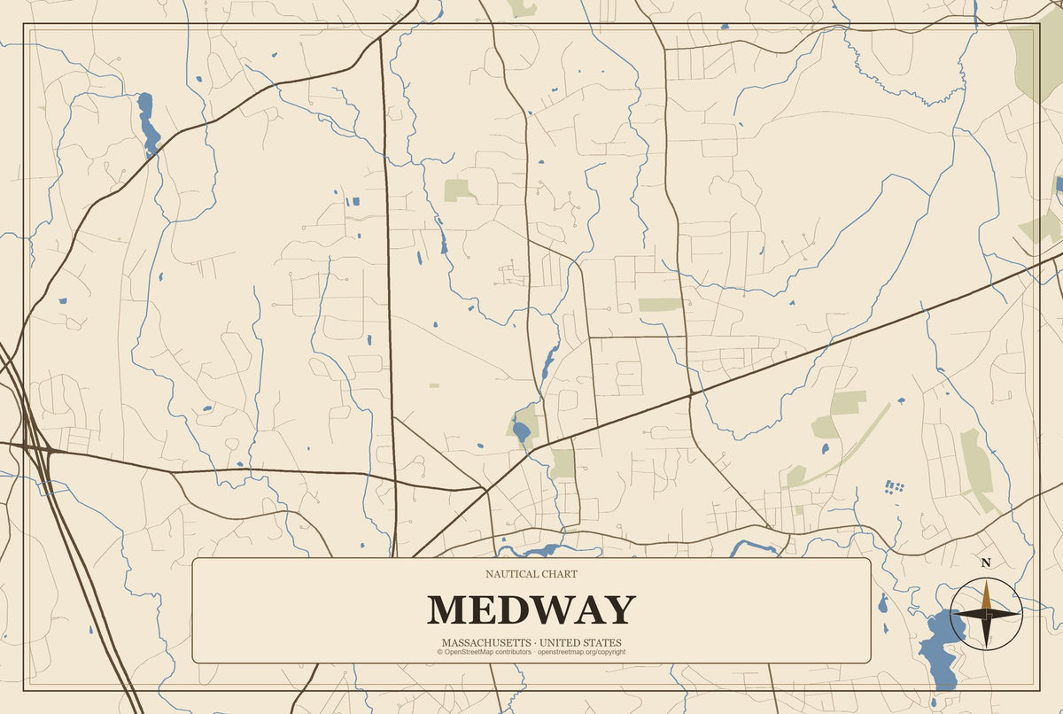 Medway, Massachusetts City Map Aluminum Sign in Heritage Nautical style