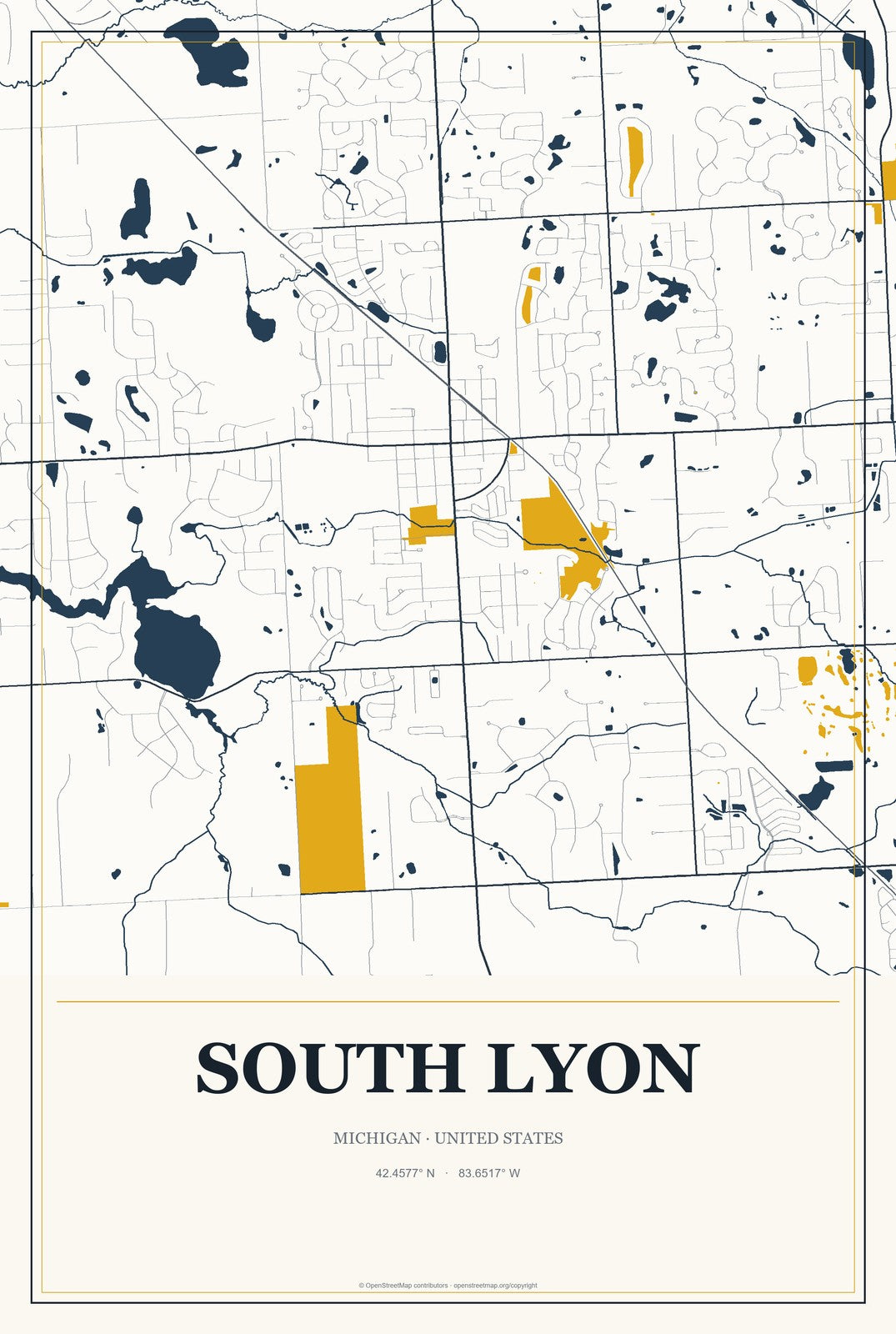 South Lyon, Michigan City Map Aluminum Sign in Citrine Modern style