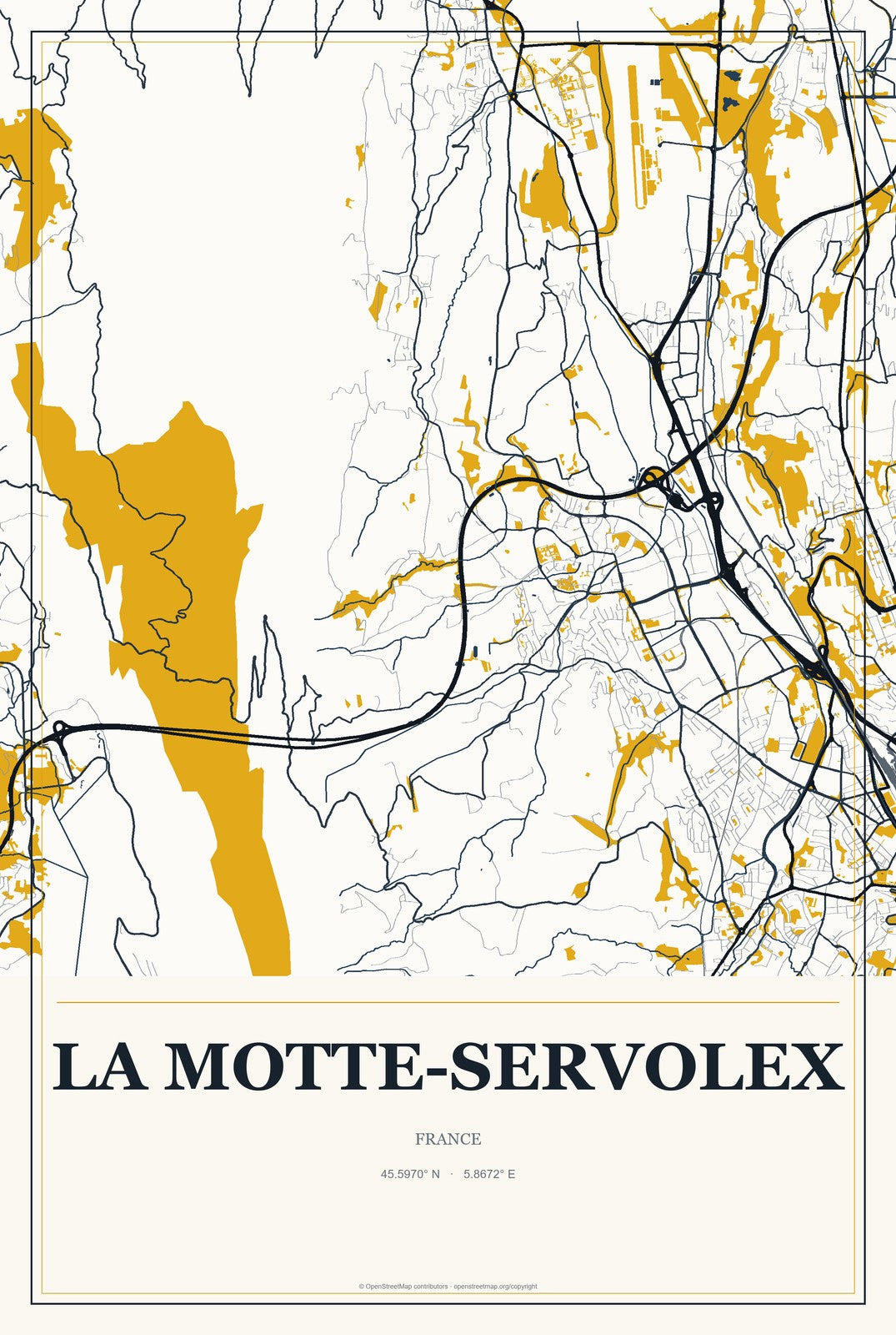 La Motte-Servolex, France City Map Aluminum Sign in Citrine Modern style