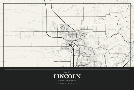 Lincoln, California City Map Aluminum Sign in Museum Plaque style