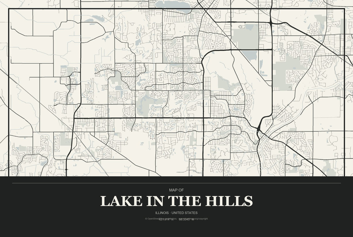 Lake in the Hills, Illinois City Map Aluminum Sign in Museum Plaque style