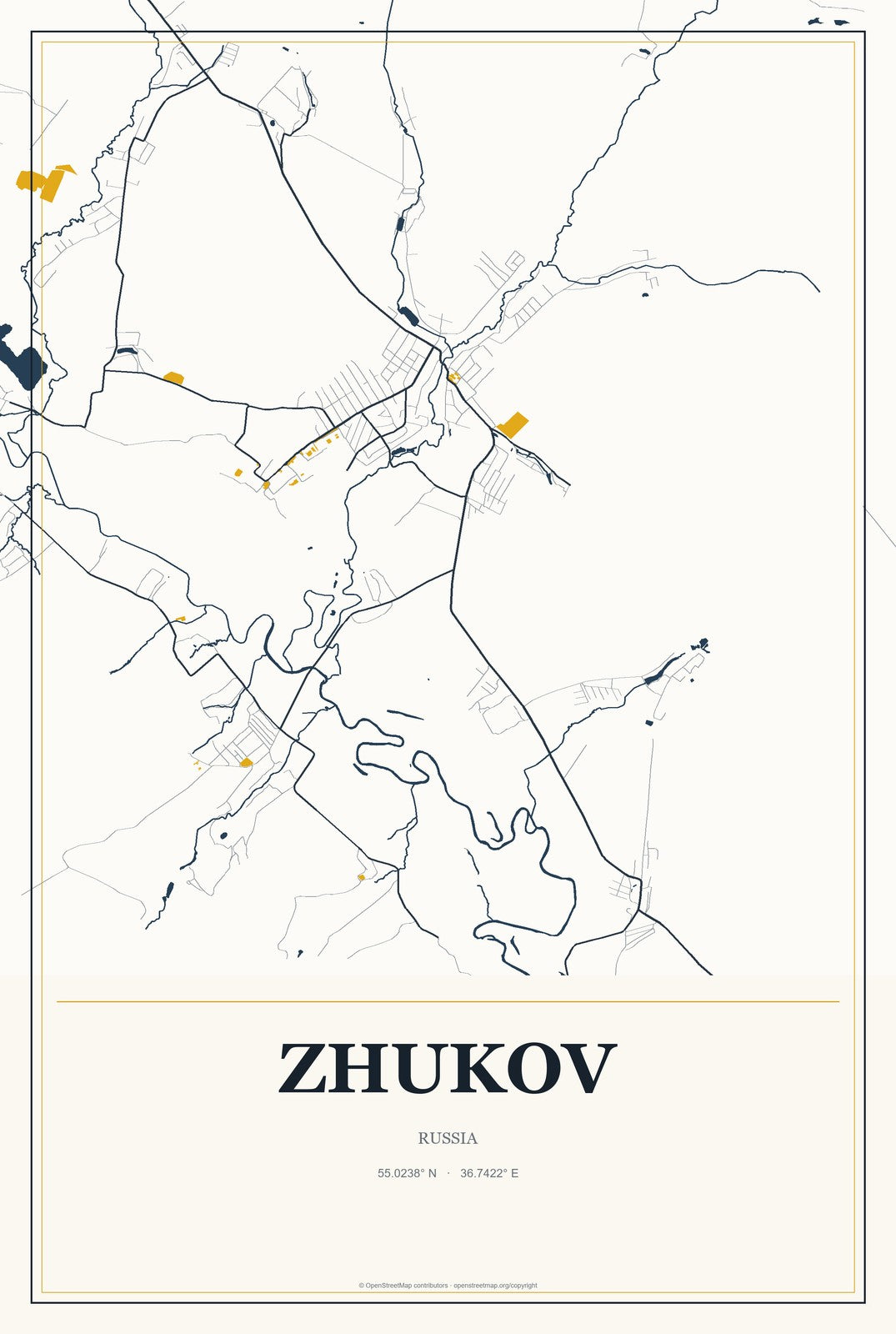 Zhukov, Russia City Map Aluminum Sign in Citrine Modern style
