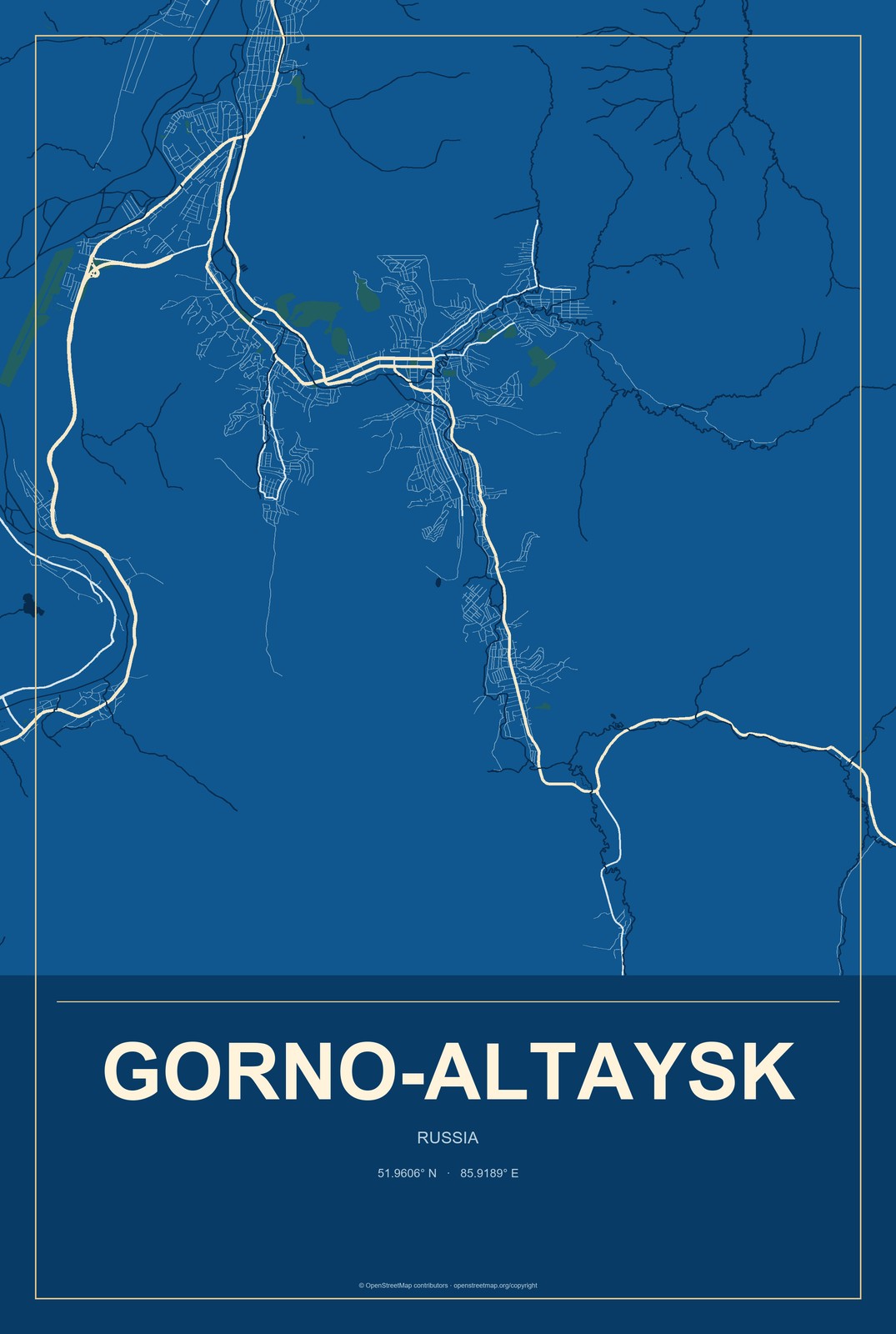 Gorno-Altaysk, Russia City Map Aluminum Sign in Harbor Cobalt style