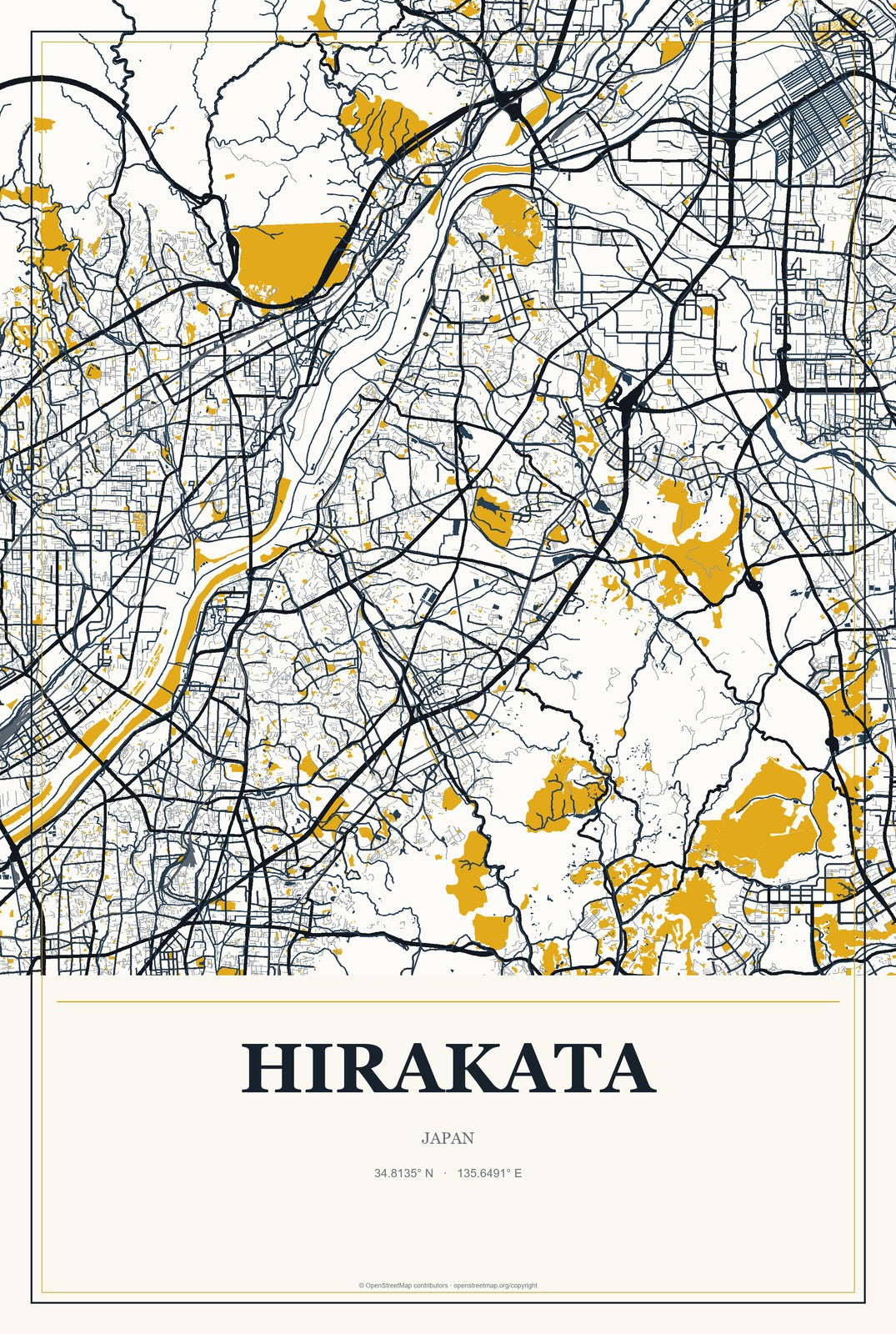 Hirakata, Japan City Map Aluminum Sign in Citrine Modern style