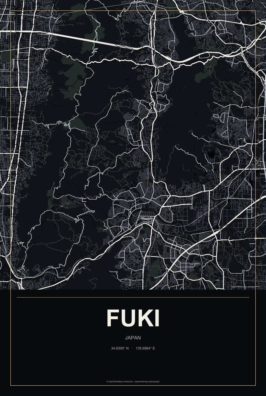 Fuki, Japan City Map Aluminum Sign in Metropolitan Noir style