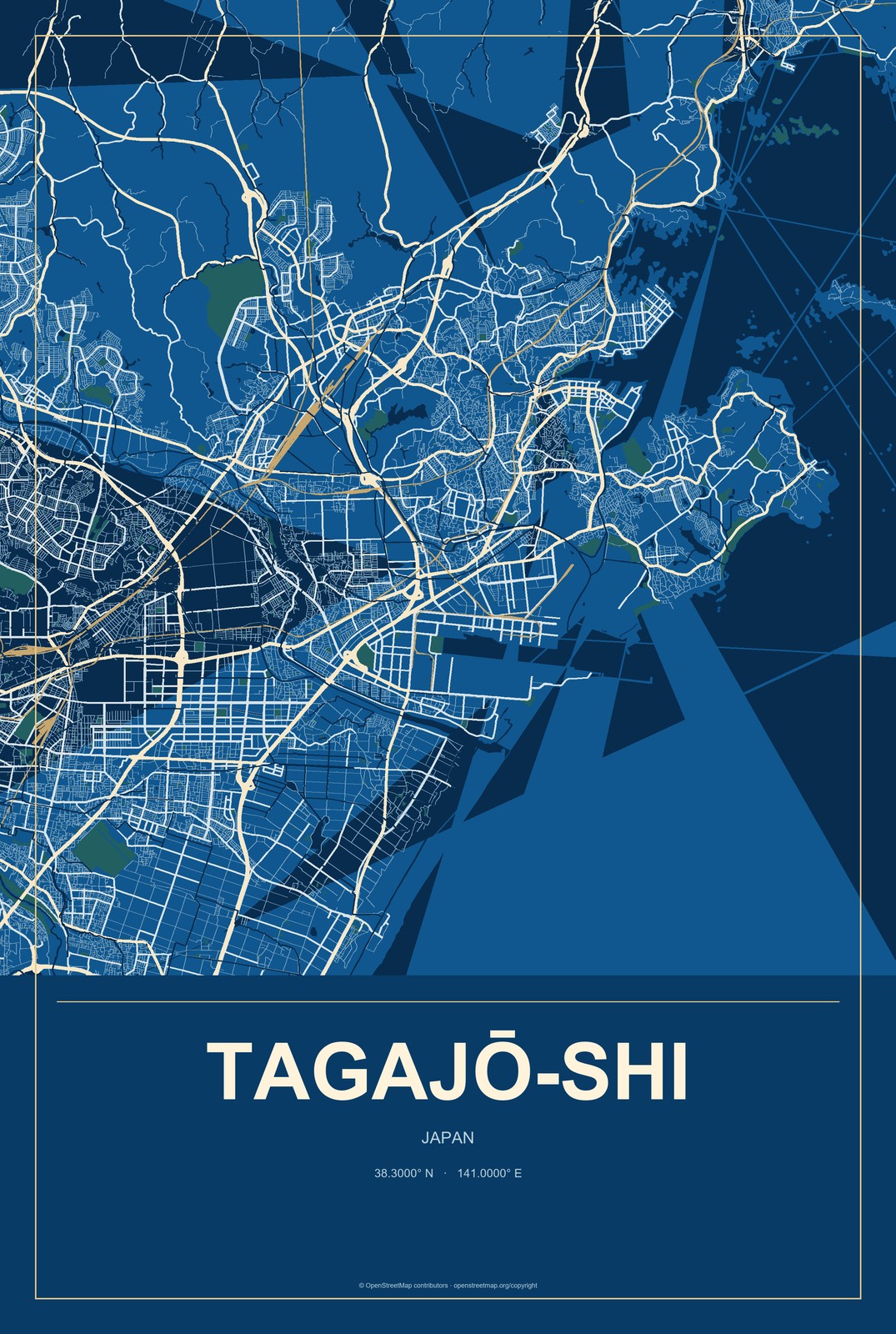 Tagajō-shi, Japan City Map Aluminum Sign in Harbor Cobalt style