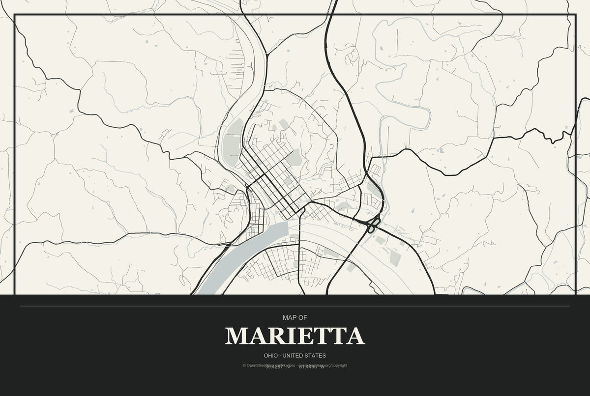 Marietta, Ohio City Map Aluminum Sign in Museum Plaque style
