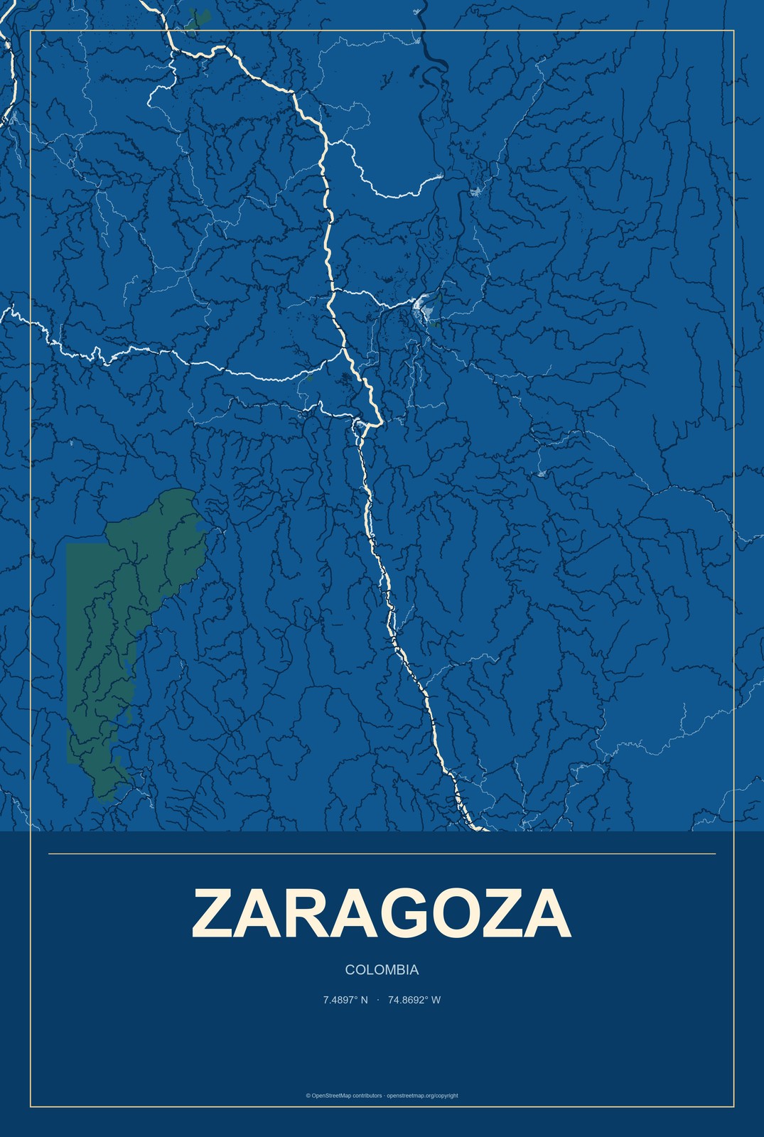 Zaragoza, Colombia City Map Aluminum Sign in Harbor Cobalt style