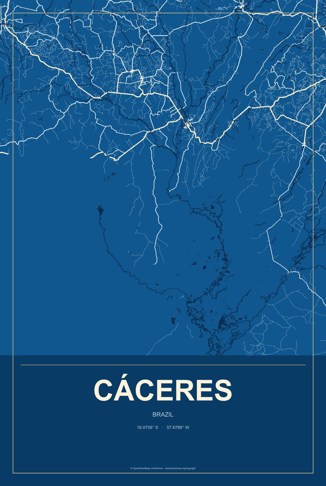 Cáceres, Brazil City Map Aluminum Sign in Harbor Cobalt style