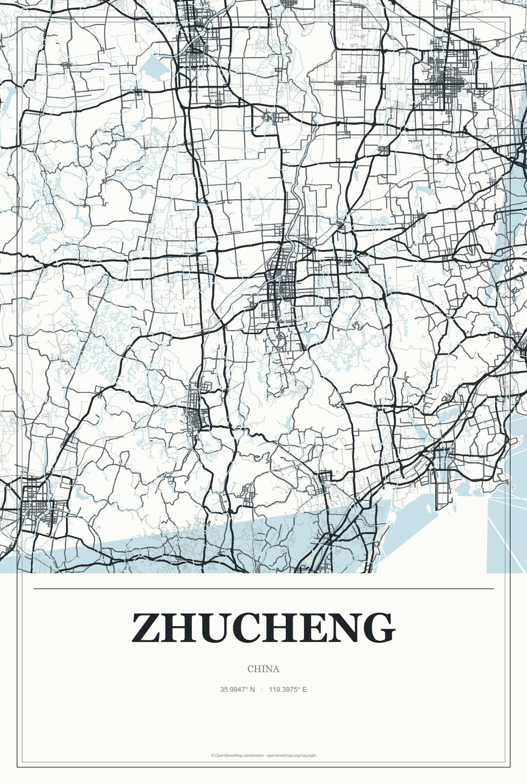 Zhucheng, China City Map Aluminum Sign in Gallery Air style