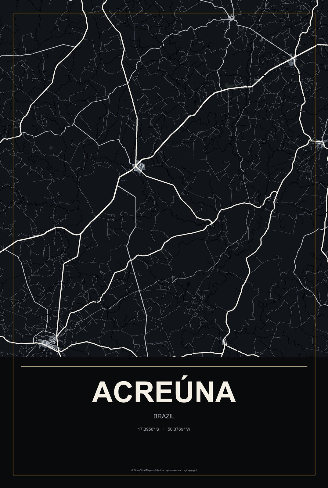 Acreúna, Brazil City Map Aluminum Sign in Metropolitan Noir style