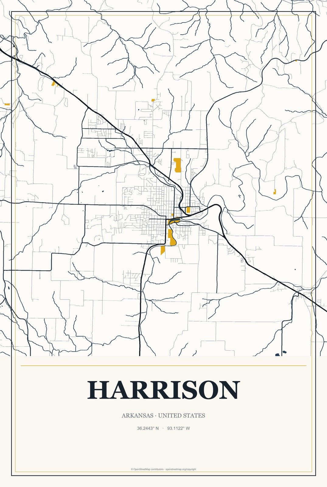 Harrison, Arkansas City Map Aluminum Sign in Citrine Modern style