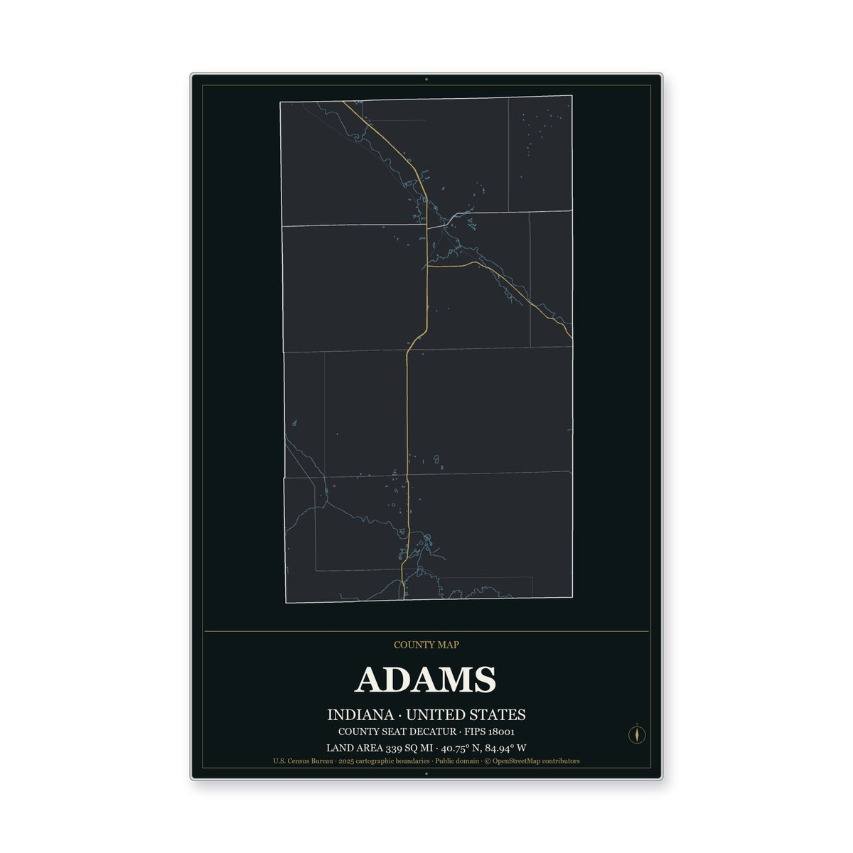 Adams County, Indiana Map Aluminum Sign in Metropolitan Noir style