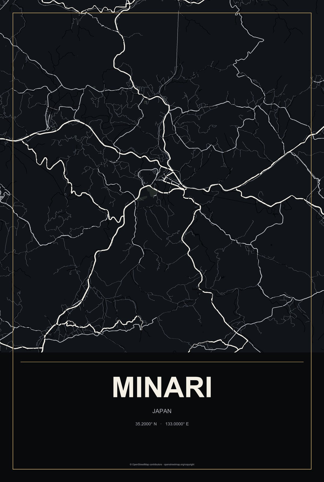 Minari, Japan City Map Aluminum Sign in Metropolitan Noir style