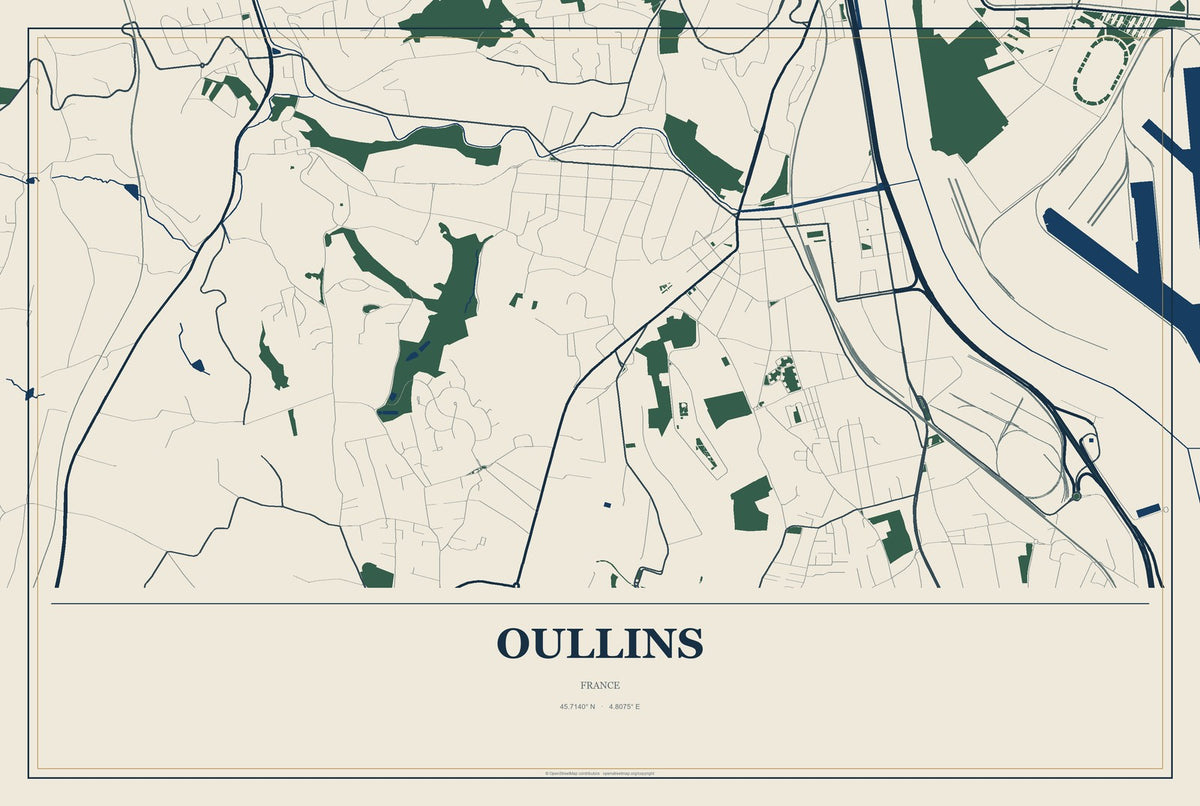Oullins, France City Map Aluminum Sign in Coastal Cutout style