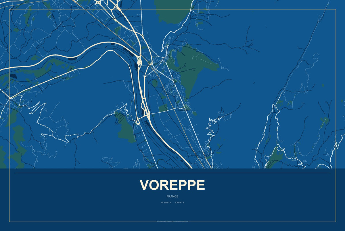 Voreppe, France City Map Aluminum Sign in Harbor Cobalt style