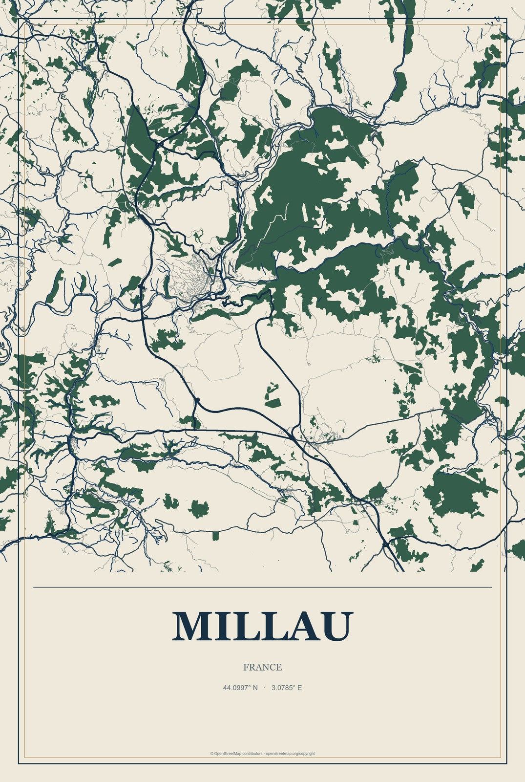Millau, France City Map Aluminum Sign in Coastal Cutout style