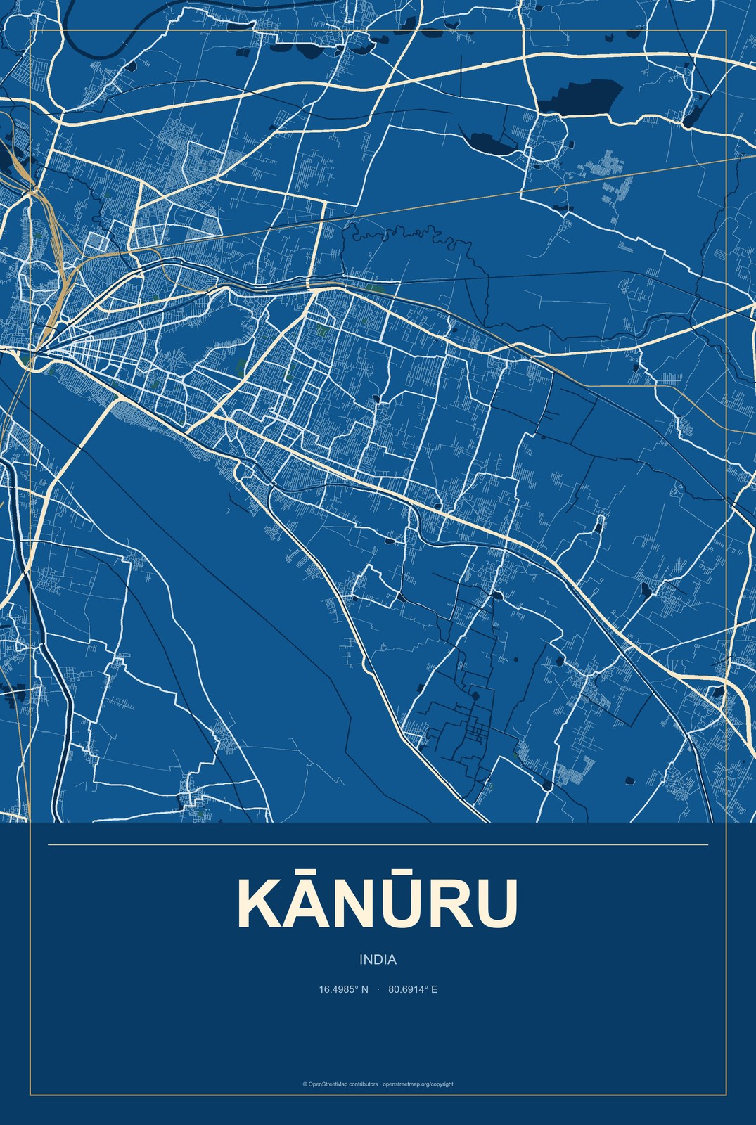 Kānūru, India City Map Aluminum Sign in Harbor Cobalt style