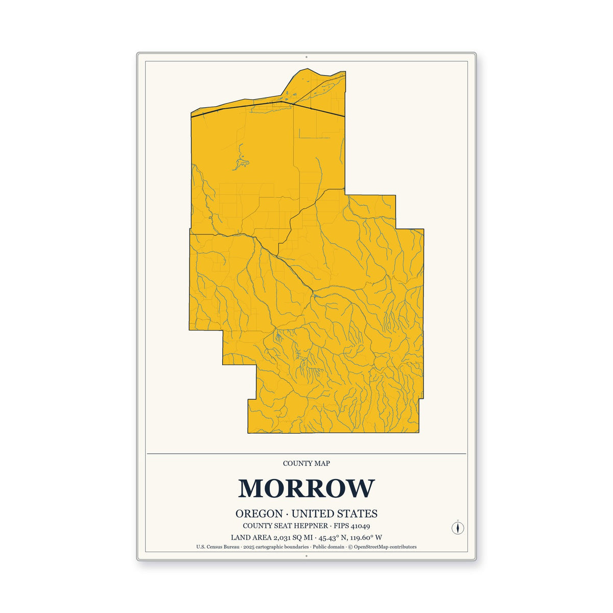 Morrow County, Oregon Map Aluminum Sign in Citrine Modern style