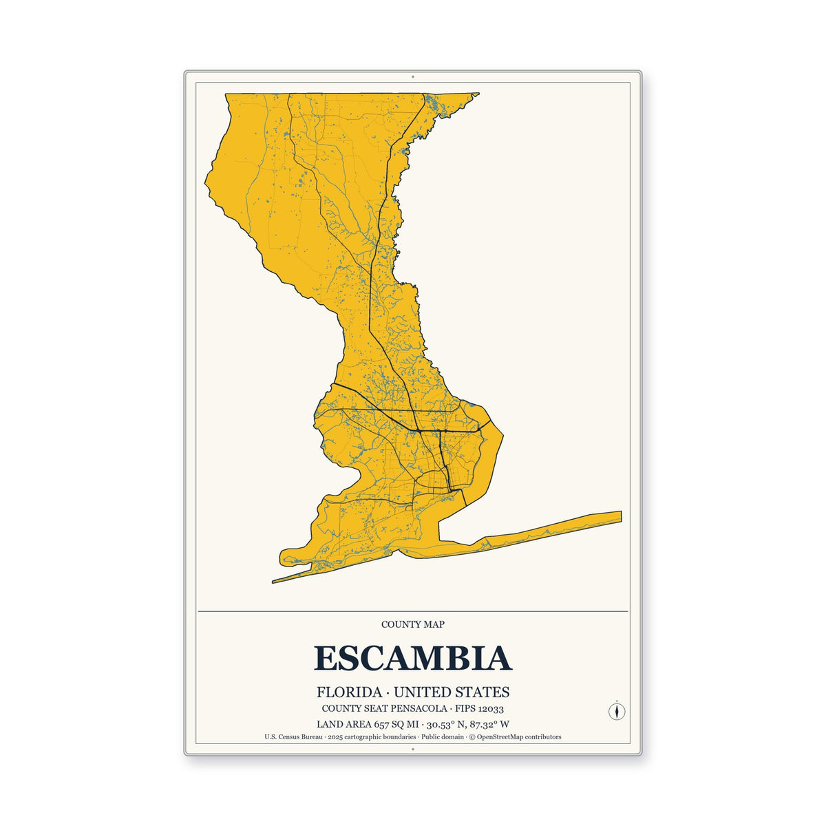 Escambia County, Florida Map Aluminum Sign in Citrine Modern style