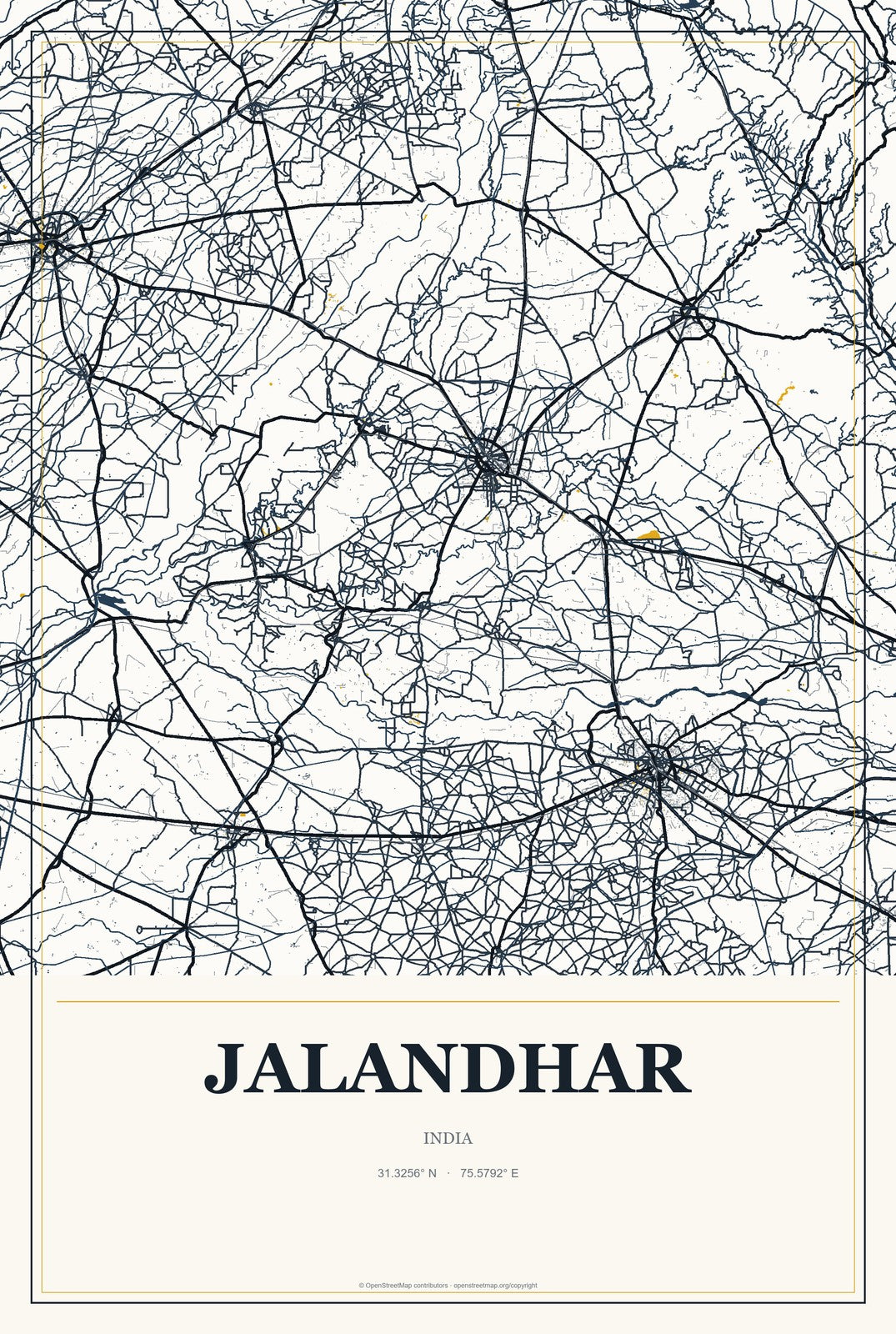 Jalandhar, India City Map Aluminum Sign in Citrine Modern style