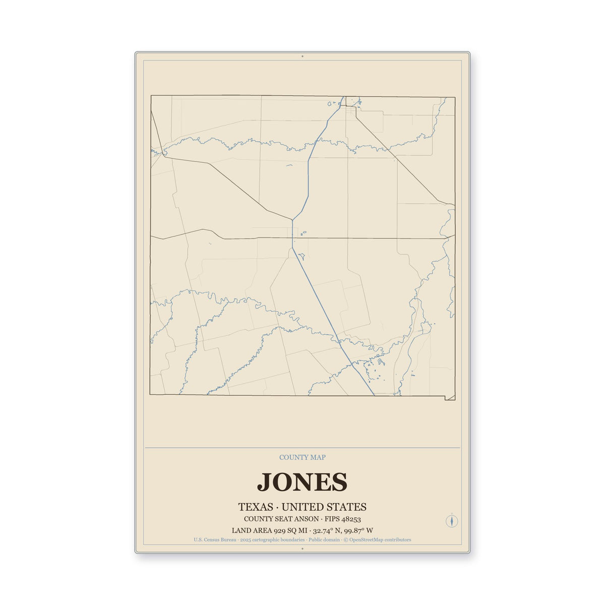 Jones County, Texas Map Aluminum Sign in Heritage Nautical style
