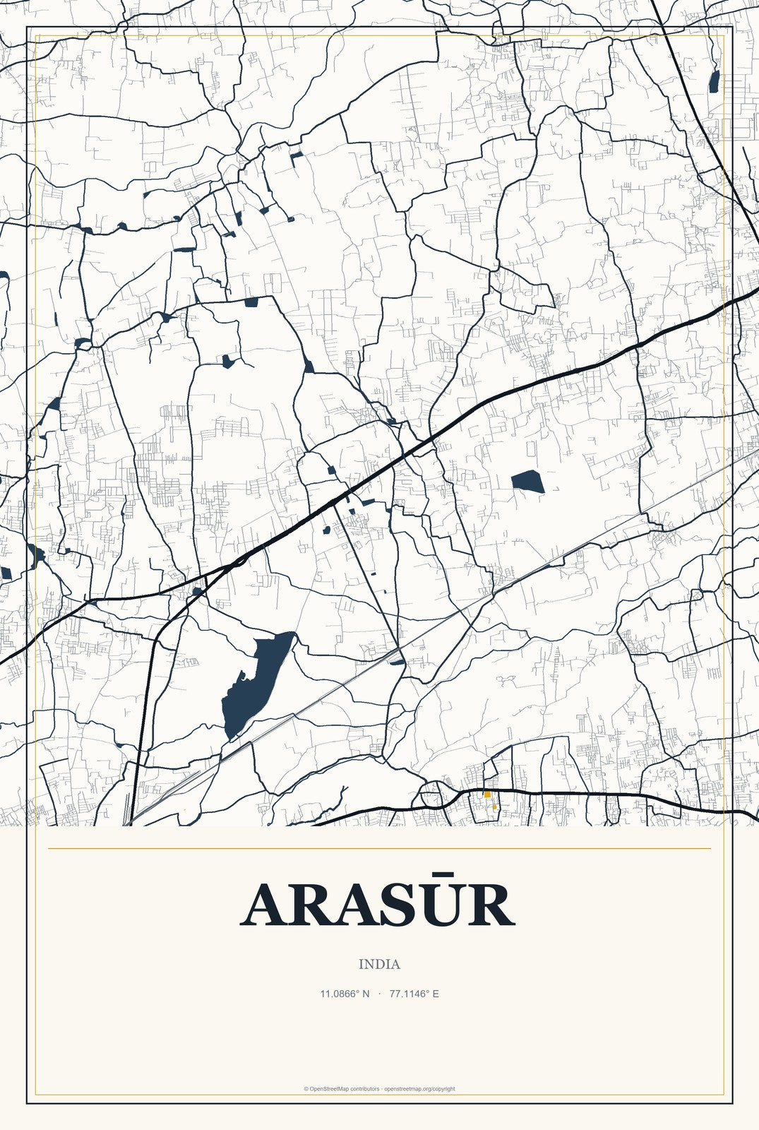 Arasūr, India City Map Aluminum Sign in Citrine Modern style