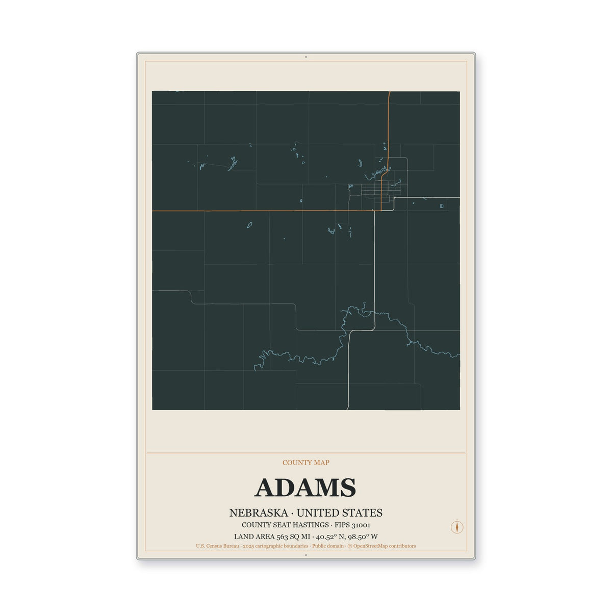 Adams County, Nebraska Map Aluminum Sign in Headline Atlas style
