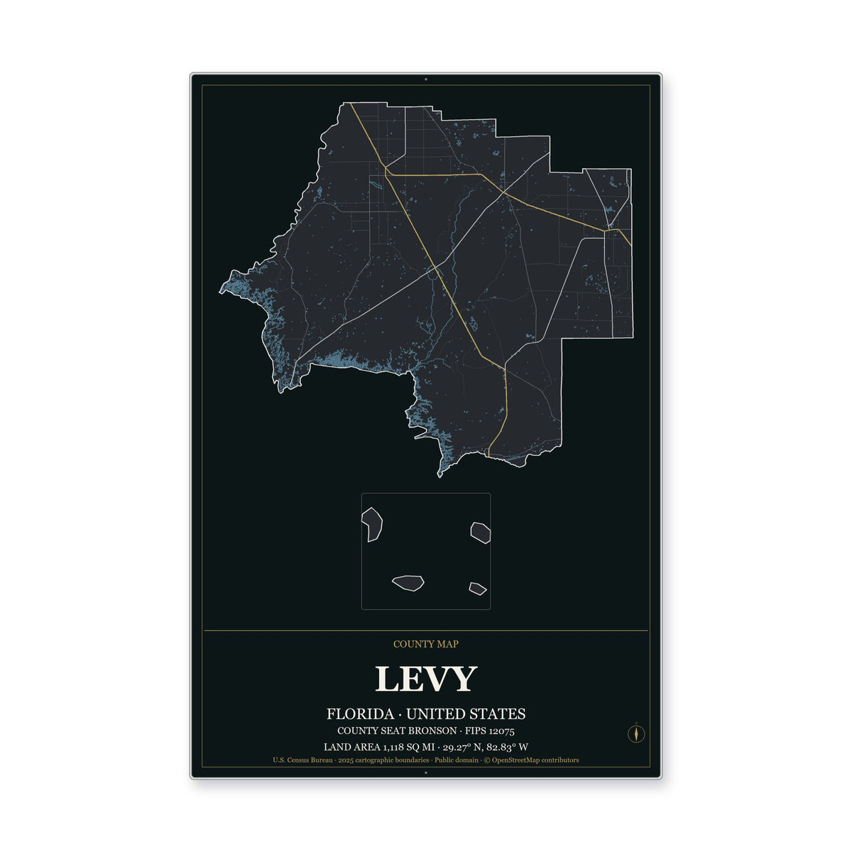 Levy County, Florida Map Aluminum Sign in Metropolitan Noir style