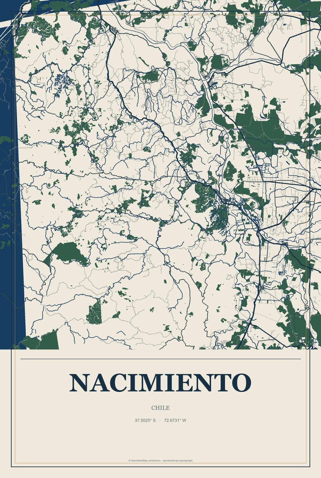 Nacimiento, Chile City Map Aluminum Sign in Coastal Cutout style