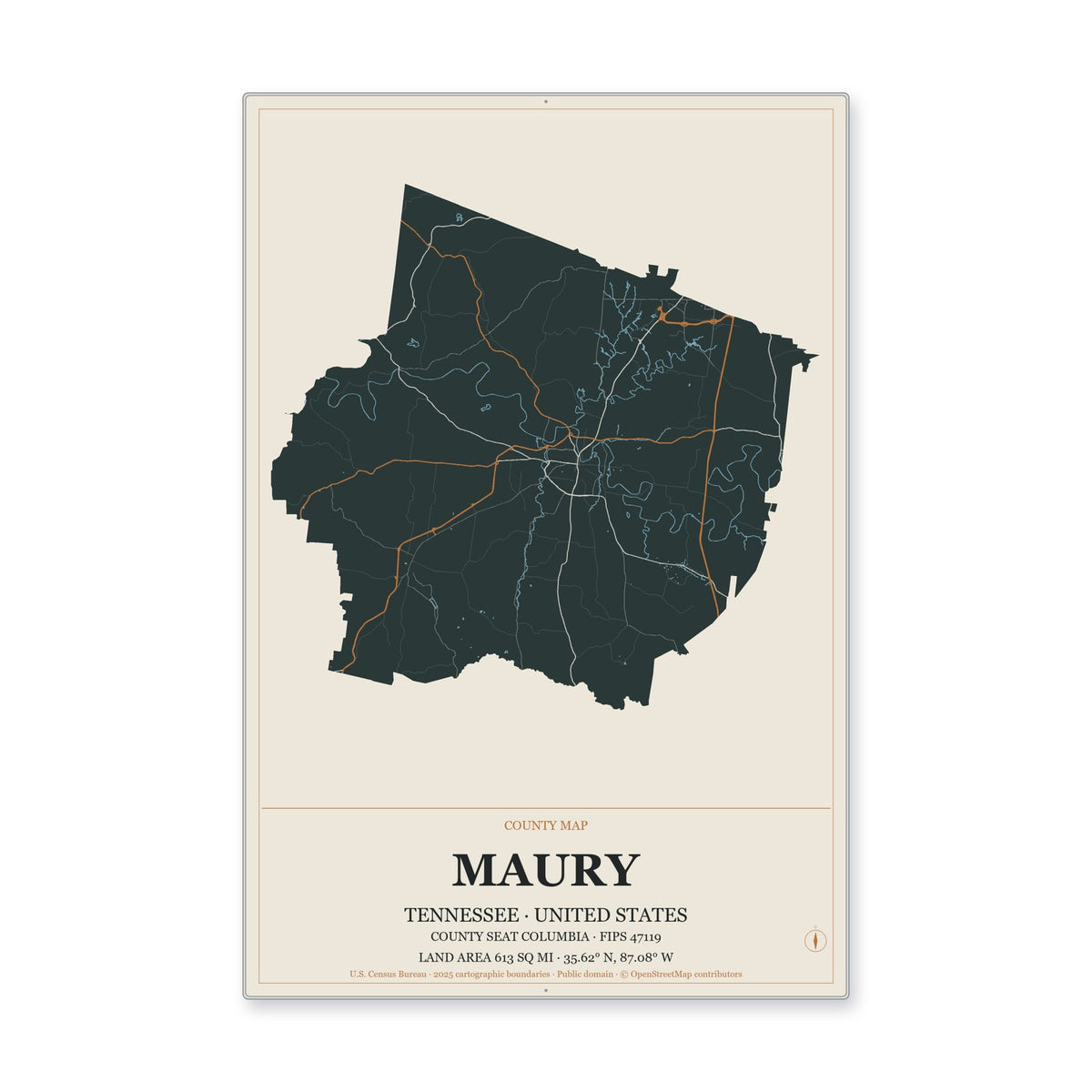Maury County, Tennessee Map Aluminum Sign in Headline Atlas style
