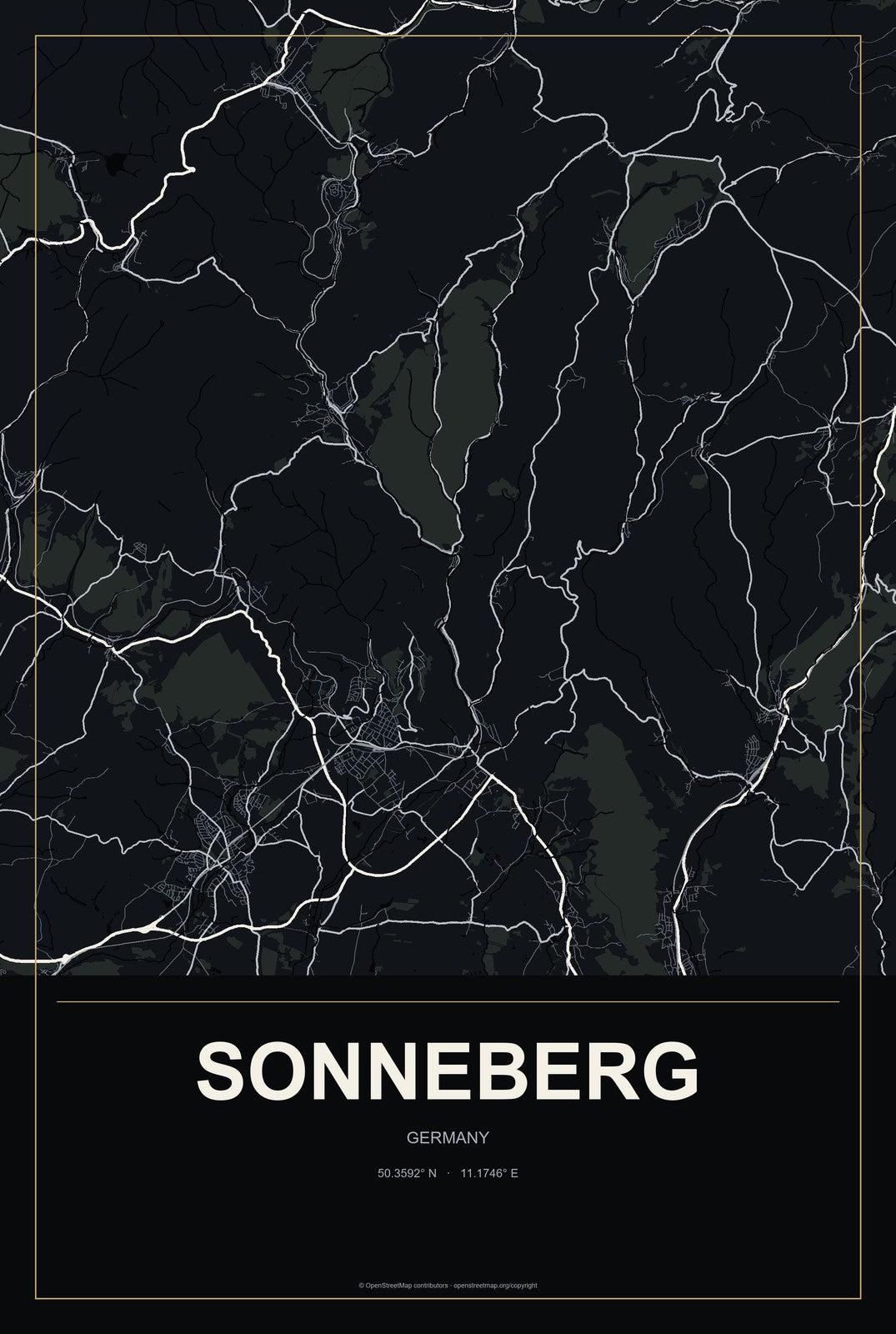 Sonneberg, Germany City Map Aluminum Sign in Metropolitan Noir style